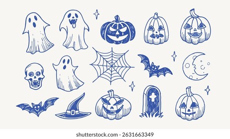 Hand drawn Halloween icons spooky set of vector illustrations perfect for invitations cards and party decorations