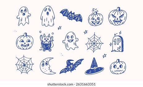 Hand drawn Halloween icons spooky set of vector illustrations for invitations cards and party decorations