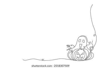 Hand drawn halloween illustration drawn by one line. Corner element. Sketch with pumpkins, raven, cute ghost.