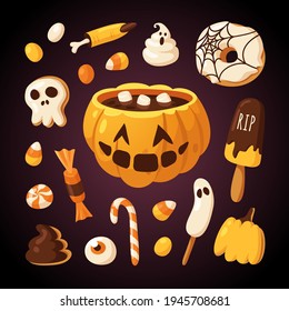 Hand drawn Halloween illustration. Creative Cartoon Style art work. Actual vector drawing food and drink for Party. Artistic isolated Season objects