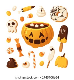 Hand drawn Halloween illustration. Creative Cartoon Style art work. Actual vector drawing food and drink for Party. Artistic isolated Season objects