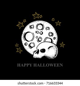 Hand drawn Halloween illustration.
Moon, skull and stars.