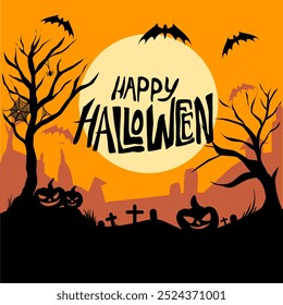 Hand drawn Halloween illustration, pumpkin, graveyard, bat, and dried tree, perfect to halloween background, flayer, poster, and many graphic design needs