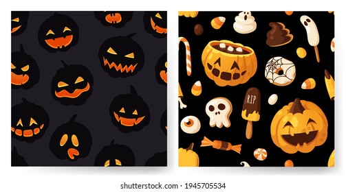 Hand drawn Halloween illustration Seamless Pattern. Creative Cartoon Style art work. Actual vector drawing food and drink for Party. Artistic isolated Season objects