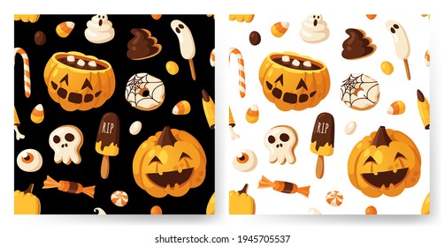 Hand drawn Halloween illustration Seamless Pattern. Creative Cartoon Style art work. Actual vector drawing food and drink for Party. Artistic isolated Season objects