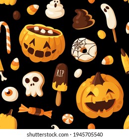 Hand drawn Halloween illustration Seamless Pattern. Creative Cartoon Style art work. Actual vector drawing food and drink for Party. Artistic isolated Season objects