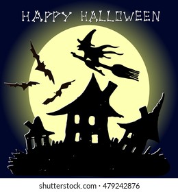 Hand drawn Halloween illustration with witch and bats on a full moon background. Vector greeting card.