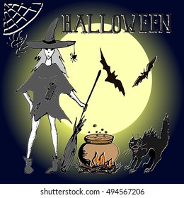 Hand drawn Halloween illustration with witch and bats on a full moon background. Vector greeting card.