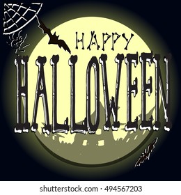 Hand drawn Halloween illustration with hand written word Halloween.Flying bats on a full moon background. Vector greeting card.