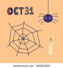 Hand drawn Halloween illustrations isolated on a orange background. Spider, web and candle. October 31.