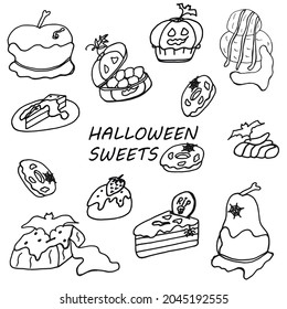 Hand drawn halloween isolated  set of cartoon doodle form candies and sweets, cakes and desserts. Popular sweets for halloween.