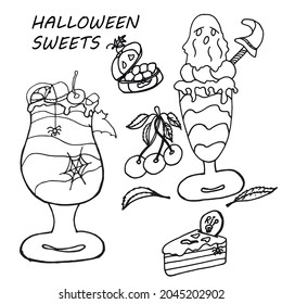 Halloween dibujado a mano forma un conjunto aislado de dibujos animados de caramelos y dulces, pasteles y postres. Pasteles populares para Halloween. Ilustración vectorial para las páginas coloreadas.