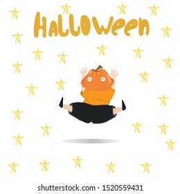 Hand drawn halloween kid with pumpkin head is jumping.Halloween cartoon masquerade with pumpkin
