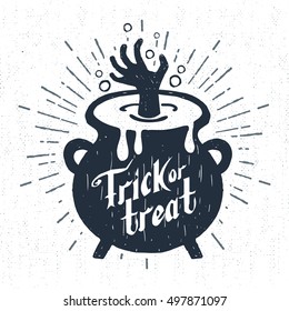 Hand drawn Halloween label with textured cauldron vector illustration and "Trick or treat" lettering.