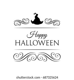 Hand drawn Halloween label with witch s hat vector illustration and filigree divider vintage elements.