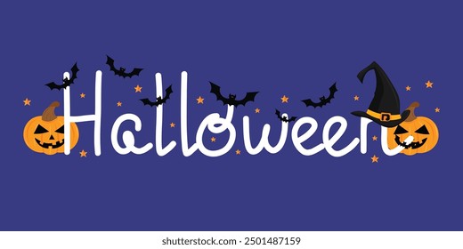 Letras de Halloween dibujadas a mano con murciélagos, estrellas, sombrero de bruja y calabazas místicas sobre fondo púrpura. Elementos Populares de la decoración de Halloween en estilo plano festivo. Para postales, invitaciones, Anuncio