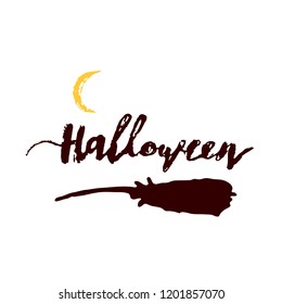 Hand drawn Halloween lettering with broom and moon on white background. Can be used for poster, t-shirt, banner, flyer, invitation and web design. Vector illustration.