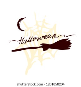 Hand drawn Halloween lettering with broom and moon on white background. Can be used for poster, t-shirt, banner, flyer, invitation and web design. Vector illustration.