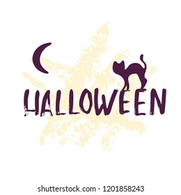 Hand drawn Halloween lettering with cat and moon on white background. Can be used for poster, t-shirt, banner, flyer, invitation and web design. Vector illustration.