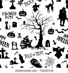 Hand drawn Halloween lettering and flat silhouettes seamless pattern. Elements for your design works. Vector illustration.