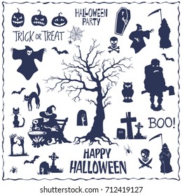 Hand drawn Halloween lettering and flat silhouettes set. Elements for your design works. Vector illustration.