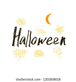 Hand drawn Halloween lettering with moon and scratch on white background. Can be used for poster, t-shirt, banner, flyer, invitation and web design. Vector illustration.
