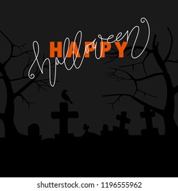 Hand drawn Halloween lettering on background illustration with old graveyard, trees, raven for poster, card, banner. Vector.