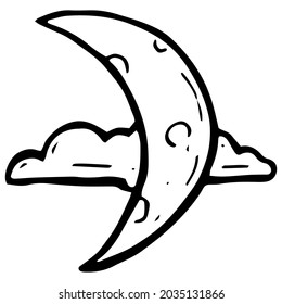 hand drawn halloween moon in cloud illustration in doodle style