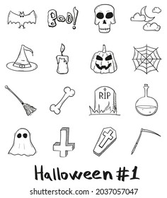 hand drawn halloween mystical holiday icon set in doodle style isolated.