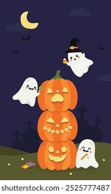 Hand Drawn Halloween Night with Pumpkin and Ghost Illustration
