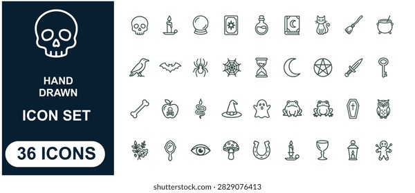 Hand drawn halloween occult set, featuring magic, witchcraft and spooky symbols skull desi