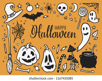 Hand drawn Halloween party elements. Halloween doodles. Set of Halloween pumpkins, witch hat, bat, ghosts, skull, sweets and lattering. Design illustration for poster, flyer. 