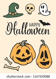 Hand drawn Halloween party elements. Halloween doodles. Set of Halloween pumpkins, witch hat, bat, ghosts, skull, sweets and lattering. Design illustration for poster, flyer. 