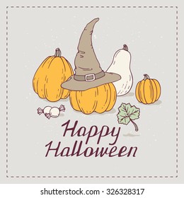 Hand drawn halloween party greeting card and pumpkins  witch hat  leaf   treats  Happy Halloween hand lettering  Vector illustration