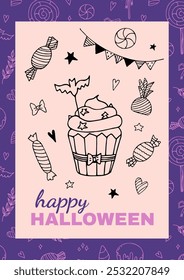 Hand drawn Halloween pink-violet poster in doodle style. Line illustrations of cupcake, candies, stars. Great for posters, flyers, banners, greeting cards, invitations.