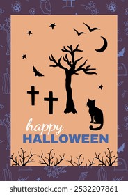 Hand drawn Halloween poster in doodle style. Illustrations of cat, tree, graves, stars silhouettes. Great for posters, flyers, banners, greeting cards, invitations.