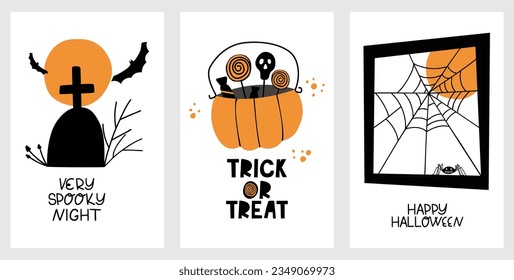 Hand drawn Halloween poster with grave or tomb, window with spiderweb, candy  and lettering Trick or treat in cartoon style. Trendy traditional isolated Vector illustration. Poster, template, textile.