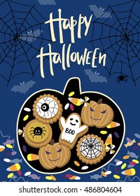 Hand drawn Halloween Poster with handwritten modern lettering word, pumpkin. Design elements for party. Vector illustration.