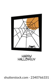 Hand drawn Halloween poster with spider, spiderweb, moon and lettering Happy Halloween in cartoon style. Trendy traditional isolated Vector illustration. Poster, template, textile. EPS 10