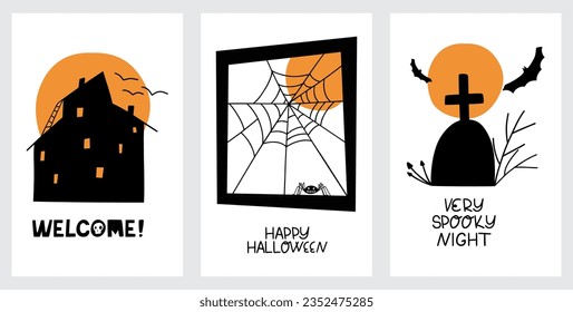 Hand drawn Halloween poster with terrible house, window with spiderweb, grave-stone and lettering in cartoon style. Trendy traditional isolated Vector illustration. Poster, template, textile. EPS 10.