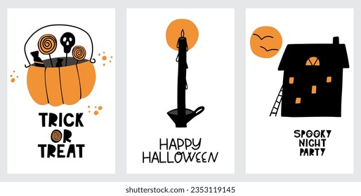 Hand drawn Halloween poster with terrible house, window with spiderweb, grave-stone and lettering in cartoon style. Trendy traditional isolated Vector illustration. Poster, template, textile. EPS 10.