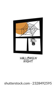 Hand drawn Halloween poster with web and spider and lettering Halloween night in cartoon style. Trendy traditional isolated Vector illustration. Poster, template, textile. Cartoon, vintage style.