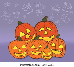 hand drawn Halloween pumpkin characters with cute ghosts in the purple background 