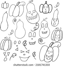 Hand drawn halloween pumpkin face black and white isolated. Octoder 31. Stock vector illustration.