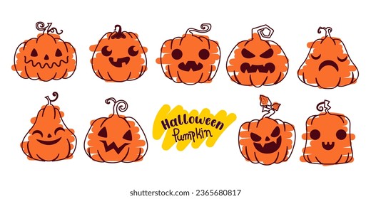 Hand drawn halloween pumpkin face expression collection.