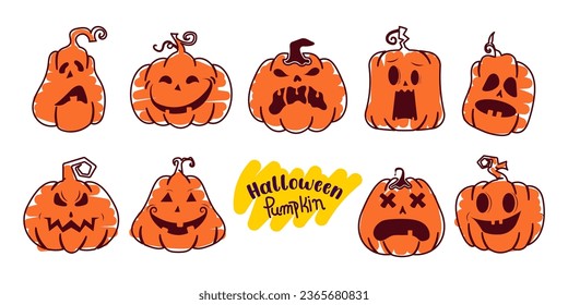 Hand drawn halloween pumpkin face expression collection.