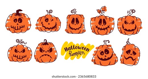 Colección de expresión de la cara de calabaza de halloween dibujada a mano.