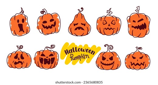 Hand drawn halloween pumpkin face expression collection.
