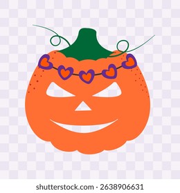 Hand Drawn Halloween Pumpkin Girl with decorative Wreath of Hearts Cute Halloween Festive Character