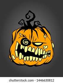Hand drawn Halloween pumpkin greeting card celebration design element. Holiday vector illustration over dark gray.